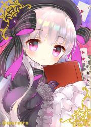 Rule 34 | 10s, 1girl, bad id, bad pixiv id, beret, black gloves, blush, book, card, closed mouth, fate/extra, fate (series), frills, gloves, hat, holding, holding book, long hair, long sleeves, looking at viewer, mashiro miru, nursery rhyme (fate), playing card, purple eyes, silver hair, smile, solo, tareme, twitter username