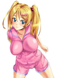 Rule 34 | 1girl, 3:, blonde hair, blue eyes, blush, breasts, hair bobbles, hair ornament, hairclip, impossible clothes, large breasts, long hair, nimu, original, shorts, solo, twintails