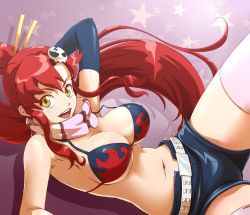 Rule 34 | 00s, 1girl, arm behind head, arm up, armpits, belt, bikini, bikini top only, breasts, cleavage, elbow gloves, face, gloves, hair ornament, large breasts, long hair, navel, open mouth, pink thighhighs, ponytail, red hair, scarf, shadow, short shorts, shorts, solo, star (symbol), swimsuit, tengen toppa gurren lagann, thighhighs, toshi punk, underboob, yellow eyes, yoko littner