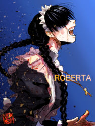 Rule 34 | 1girl, black hair, black lagoon, blood, bloody tears, braid, character name, cross, cross necklace, hair over eyes, jewelry, long hair, maid, maid headdress, necklace, open mouth, roberta (black lagoon), shaded face, solo, twin braids, umeko (sherlolly)