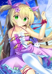Rule 34 | 1girl, blonde hair, bow, curtain grab, curtains, detached sleeves, dress, flower, frilled skirt, frills, green eyes, hair between eyes, hair flower, hair ornament, hairclip, highres, long hair, original, purple dress, rabbit, regress, single sleeve, skirt, sky, smile, solo, spaghetti strap, thigh strap, thighhighs, two side up, waist bow, white thighhighs