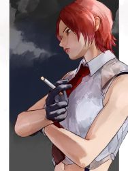 Rule 34 | 1girl, cigarette, gloves, highres, holding, holding cigarette, matching hair/eyes, mature female, midriff, necktie, red eyes, red hair, red lips, snk, the king of fighters, vanessa (kof)