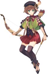 Rule 34 | 1girl, aquaplus, arrow (projectile), black thighhighs, boots, bow, bow (weapon), bowtie, brown hair, capelet, dungeon travelers 2, feathers, full body, gloves, green eyes, hat, highres, looking at viewer, mitsumi misato, pleated skirt, quiver, short hair, single glove, skirt, smile, solo, souffle twinny, thighhighs, transparent background, weapon, zettai ryouiki