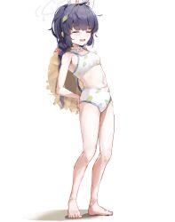 Rule 34 | 1girl, absurdres, barefoot, bikini, blue archive, closed eyes, full body, halo, hat, hat on back, highres, miyu (blue archive), rabbit ears, simple background, solo, sstthei, standing, swimsuit, tears, white background