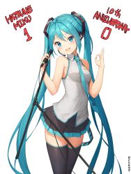 Rule 34 | 1girl, aqua eyes, aqua hair, bad id, bad pixiv id, bare shoulders, black thighhighs, breasts, character name, cowboy shot, hair ribbon, hatsune miku, headset, highres, legs together, long hair, looking at viewer, microphone, microphone stand, mokew, necktie, ok sign, pleated skirt, revision, ribbon, simple background, skirt, sleeveless, small breasts, solo, standing, thighhighs, twintails, very long hair, vocaloid, white background, zettai ryouiki