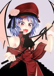 Rule 34 | 1girl, :d, absurdres, alternate costume, armpits, ascot, bare shoulders, bat wings, blue hair, blush, fang, flower, hat, hat flower, high collar, highres, looking at viewer, military hat, open mouth, peaked cap, q kikuchi, red eyes, remilia scarlet, short hair, simple background, skirt, smile, solo, touhou, vest, whip, wings, wrist cuffs
