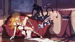 Rule 34 | 2girls, alcohol, ankle lace-up, belt, blonde hair, blue eyes, bow, bracelet, broken mirror, chuck (psg), couch, crack, cracked glass, cross-laced footwear, crossed ankles, cup, curtains, demon tail, dress, drinking glass, earrings, english text, garter straps, gun, halo, hat, highres, jewelry, lace, lolita fashion, long dress, long hair, long legs, makeup, mini hat, mini top hat, mirror, mosquito coils, multicolored hair, multiple girls, nail polish, necklace, panty &amp; stocking with garterbelt, panty (psg), pearl necklace, shoe dangle, slouching, spill, stocking (psg), strappy heels, striped clothes, striped legwear, striped thighhighs, stuffed animal, stuffed toy, sword, tail, thighhighs, toenail polish, toenails, top hat, two-tone hair, unworn legwear, wallpaper, weapon, wine, wine glass
