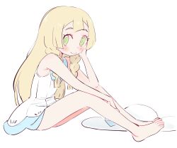 Rule 34 | 1girl, absurdres, bare arms, bare legs, barefoot, blonde hair, blush, braid, closed mouth, commentary, creatures (company), dress, eds, eyelashes, from side, game freak, green eyes, green pupils, hand up, hat, head rest, highres, lillie (pokemon), long hair, looking at viewer, looking to the side, nintendo, no sclera, pokemon, pokemon sm, sitting, sleeveless, sleeveless dress, smile, solo, toes, twin braids, unworn hat, unworn headwear, white background, white dress, white hat