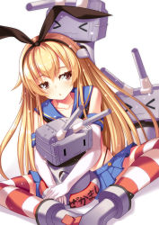 Rule 34 | &gt; &lt;, 10s, 1girl, :3, alternate eye color, blonde hair, blue skirt, blush, closed eyes, elbow gloves, gloves, hairband, indian style, kantai collection, lifebuoy, long hair, red eyes, rensouhou-chan, shimakaze (kancolle), simple background, sitting, skirt, striped clothes, striped thighhighs, swim ring, takanashi-a, thighhighs, white background, white gloves
