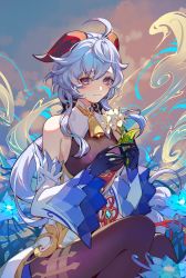 Rule 34 | 1girl, ahoge, artist name, bare shoulders, bell, black gloves, blue flower, blue hair, bodystocking, chinese commentary, cloud, commentary request, curled horns, detached sleeves, feet out of frame, flower, flower knot, ganyu (genshin impact), genshin impact, glaze lily, gloves, highres, holding, holding flower, horns, long hair, looking at viewer, neck bell, outdoors, ponytail, purple eyes, qingxin flower, ryonki, signature, sitting, sky, smile, solo, vision (genshin impact)