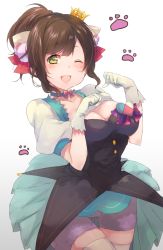 Rule 34 | 10s, 1girl, ;d, animal ears, breasts, brown hair, cat ears, cat girl, cleavage, dress, elbow gloves, female focus, gloves, green eyes, idolmaster, idolmaster cinderella girls, large breasts, maekawa miku, miseo (mrkglove), one eye closed, open mouth, paw pose, short hair, simple background, smile, solo, star!!, thighhighs, white gloves, white thighhighs