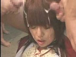 Rule 34 | 1girl, animated, animated gif, asian, brown hair, bukkake, censored, closed eyes, clothed female nude male, cum, cum on hair, ejaculation, facial, lowres, mosaic censoring, multiple boys, nude, open clothes, penis, photo (medium), school uniform, short hair