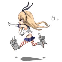 Rule 34 | &gt; &lt;, 10s, 1girl, animated, animated gif, blonde hair, boots, closed eyes, cursor, dress, elbow gloves, gloves, grey footwear, hair ribbon, kantai collection, long hair, lowres, microskirt, open mouth, panties, personification, rensouhou-chan, ribbon, running, sailor dress, school uniform, serafuku, shimakaze (kancolle), simple background, skirt, striped clothes, striped thighhighs, thighhighs, turret, ukami, underwear, white background