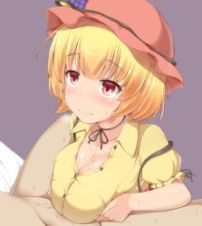 Rule 34 | 1boy, 1girl, aki minoriko, black neckwear, blonde hair, blush, breasts, breasts squeezed together, brown background, cleavage, clothed female nude male, collarbone, collared shirt, commentary request, cum, food, frilled sleeves, frills, fruit, garasuita, grapes, hair ornament, hat, large breasts, looking at another, mob cap, neck ribbon, nose blush, nude, out of frame, paizuri, paizuri under clothes, partial commentary, partially unbuttoned, pov, pov crotch, puffy sleeves, red eyes, red hat, ribbon, shirt, short hair, short sleeves, simple background, smile, sweat, sweatdrop, touhou, yellow shirt
