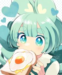 Rule 34 | 1girl, :3, animal ears, blush, bread slice, closed mouth, eating, food, fried egg, fried egg on toast, green eyes, green hair, highres, holding, holding food, horny zzz, original, smile, solo, tail, thick eyebrows, toast, upper body