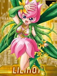 Rule 34 | 1girl, blue eyes, boots, digimon, digimon (creature), digimon collectors, dress, elbow gloves, fairy, female focus, flower, gloves, green hair, lilimon, lowres, monster girl, nail polish, official art, open mouth, petals, plant, plant girl, skirt, smile, solo, vines, wings