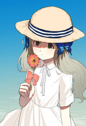 Rule 34 | 1girl, bow, brown hat, butterfly hair ornament, closed mouth, collared dress, dress, flower, green eyes, grey hair, grey ribbon, hair between eyes, hair ornament, hand up, handa roco, hat, highres, holding, holding flower, idolmaster, idolmaster million live!, long hair, looking away, neck ribbon, red bow, red flower, ribbon, shaded face, short sleeves, solo, standing, sun hat, suzuki puramo, very long hair, water, white dress