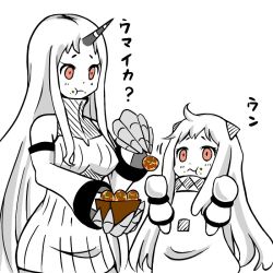 Rule 34 | 10s, 2girls, abyssal ship, ahoge, claws, colored skin, dress, eating, food, horns, kantai collection, long hair, mittens, multiple girls, northern ocean princess, pale skin, red eyes, ribbed dress, ribbed sweater, roshiakouji-chan, seaport princess, single horn, sweater, sweater dress, takoyaki, translation request, white hair, white mittens, white skin