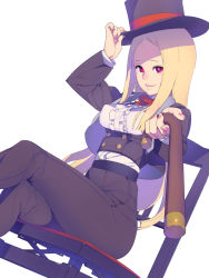 Rule 34 | 1girl, belt, black hat, black jacket, black pants, blonde hair, bow, bowtie, buttons, cane, chair, closed mouth, corset, crossed legs, double-breasted, dutch angle, enkyo yuuichirou, fingernails, grey shirt, hand on headwear, hat, high-waist pants, highres, hisho collection, holding, jacket, long sleeves, looking at viewer, nail polish, pants, parted bangs, perspective, pink nails, red bow, red bowtie, red eyes, shirt, simple background, sitting, smile, solo, top hat, white background