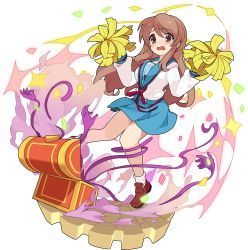 Rule 34 | 1girl, artist request, asahina mikuru, blue sailor collar, blue skirt, blush, breasts, brown eyes, brown footwear, brown hair, confetti, disembodied limb, female focus, fisheye, full body, hands up, highres, holding, holding pom poms, jumping, knees together feet apart, loafers, long hair, long sleeves, looking down, matching hair/eyes, medium breasts, miniskirt, non-web source, nose blush, official art, open mouth, pom pom (cheerleading), pom poms, red ribbon, ribbon, sailor collar, scared, school uniform, serafuku, shirt, shirt tucked in, shoes, sidelocks, skirt, smoke, socks, solo, suzumiya haruhi no yuuutsu, tears, transparent background, treasure chest, wavy mouth, white shirt, white socks, wide-eyed, world flipper