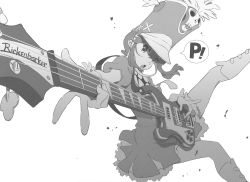Rule 34 | 1girl, bass guitar, boots, breasts, commentary, dress, floating, foreshortening, greyscale, guitar, hair between eyes, hat, highres, holding, holding instrument, instrument, jakuzure nonon, kill la kill, knee boots, looking at viewer, medium hair, monochrome, nishigori atsushi, official art, open mouth, rickenbacker, rickenbacker 4001, shako cap, short dress, short sleeves, simple background, small breasts, solo, speech bubble, third-party source, white background