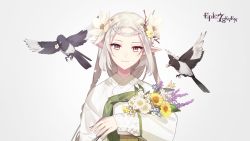 Rule 34 | 1girl, bird, bouquet, braid, braided bangs, closed mouth, copyright name, elf, epic seven, flower, grey eyes, hair flower, hair ornament, hanbok, highres, iseria (epic seven), korean clothes, long hair, official art, official wallpaper, parted bangs, pointy ears, smile, solo, tri tails, upper body, wallpaper, white hair