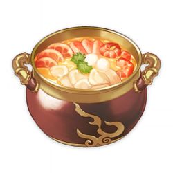 Rule 34 | artist request, commentary, english commentary, food, food focus, game cg, garnish, genshin impact, leaf, lowres, meat, mushroom, no humans, official art, pot, shrimp, simple background, soup, still life, third-party source, transparent background