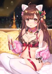 Rule 34 | 1girl, ahoge, animal ears, arm warmers, bare shoulders, beads, bell, black bra, black panties, blurry, bra, breasts, brown eyes, brown hair, cat ears, cityscape, cleavage, collar, commentary request, hair ornament, hair ribbon, hairband, highres, indoors, jacket, jingle bell, lingerie, long hair, looking at viewer, medium breasts, navel, night, off shoulder, omelet tomato, original, panties, parted lips, pink jacket, puffy sleeves, red ribbon, ribbon, sidelocks, sitting, skindentation, solo, stomach, striped ribbon, sweat, thighhighs, underwear, white thighhighs