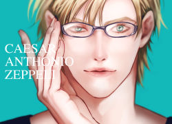 Rule 34 | 1boy, battle tendency, bespectacled, blonde hair, blurry, caesar anthonio zeppeli, character name, close-up, depth of field, eyelashes, facial mark, glasses, green eyes, hand on own face, highres, jojo no kimyou na bouken, kobayashi (oksk0x0), lips, male focus, portrait, smile, solo, straight-on