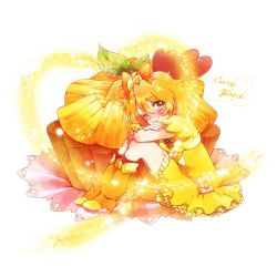 Rule 34 | 00s, 1girl, blonde hair, blush, boots, brown eyes, character name, cure pine, dress, food, fresh precure!, fruit, hair ornament, heart, heart hair ornament, kuzumochi, looking at viewer, magical girl, md5 mismatch, name connection, object namesake, one eye closed, pineapple, precure, resized, short hair, simple background, sitting, smile, solo, wink, wrist cuffs, yamabuki inori