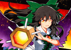 Rule 34 | 1girl, :d, arm cannon, bad id, bad pixiv id, bird wings, black hair, bow, breasts, cape, collared shirt, feathered wings, gradient background, green bow, green skirt, hair between eyes, hair bow, long hair, looking at viewer, open mouth, orange background, orange eyes, puffy short sleeves, puffy sleeves, qqqrinkappp, reiuji utsuho, shirt, short sleeves, skirt, small breasts, smile, solo, third eye, touhou, traditional media, upper body, v-shaped eyebrows, weapon, white cape, wings