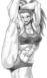 Rule 34 | 1girl, abs, armpits, bandaid, bandaid on face, breasts, captain mizuki, collarbone, daraz, daraz18aka, earrings, greyscale, highres, jewelry, monochrome, muscular, muscular female, one-punch man, smile, solo, split, sports bra, sweat, tagme, thighs, white background