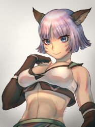 Rule 34 | 1girl, 2022, absurdres, animal ears, artist name, adventurer (ff11), black gloves, blue eyes, blunt bangs, breasts, cactus41747280, cat ears, cat girl, cleavage, closed mouth, dated, elbow gloves, facial mark, final fantasy, final fantasy xi, fingerless gloves, fingernails, gloves, grey hair, hand up, highres, medium breasts, midriff, mithra (ff11), parted bangs, short hair, smile, solo, whisker markings