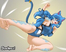 Rule 34 | 1girl, :3, :d, animal ears, artist name, barefoot, blue eyes, blue hair, blue leotard, blue sleeves, breasts, cat ears, cat tail, clenched hands, commentary, covered navel, detached sleeves, dress, eden&#039;s zero, english commentary, feet, flying kick, halterneck, kemonomimi mode, kicking, large breasts, leotard, long hair, looking at viewer, official alternate costume, open mouth, rebecca bluegarden, sharknex, sleeveless, sleeveless dress, smile, solo, tail