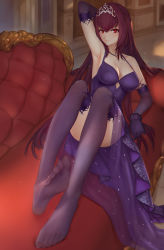 Rule 34 | 1girl, absurdres, arm behind head, breasts, cleavage, fate/grand order, fate (series), feet, highres, long hair, looking at viewer, red eyes, scathach (fate), see-through, see-through legwear, smile, soles, tiara, toes