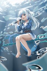 Rule 34 | 1girl, aqua nails, bare legs, barefoot, blue eyes, blue hair, blue hoodie, blurry, blurry background, blurry foreground, blush, breasts, bubble, commentary, depth of field, feet, fins, fish, fish tail, fpvjoe, gawr gura, gawr gura (1st costume), grey hair, hair ornament, hands up, highres, holding, hololive, hololive english, hood, hood down, hoodie, knees together feet apart, legs, long sleeves, looking to the side, microphone, multicolored hair, music, nail polish, open mouth, polearm, shadow, shark girl, shark hair ornament, shark print, shark tail, singing, sitting, small breasts, solo, streaked hair, symbol-only commentary, tail, thighs, toenail polish, toenails, toes, trident, two side up, underwater, virtual youtuber, weapon