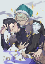Rule 34 | 2boys, absurdres, ahoge, aladdin (sinoalice), black hair, blonde hair, blue eyes, blush, bodysuit, bodysuit under clothes, caolao bingren, choker, coin, commission, couple, elbow gloves, fringe trim, glasses, gloves, gold, hameln (sinoalice), hat, highres, hug, hug from behind, jewelry, looking at another, male focus, multiple boys, parted lips, pixiv commission, red eyes, santa costume, santa hat, short hair, sinoalice, smile, sparkle, yaoi