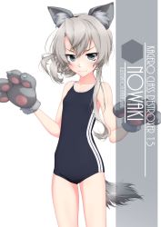 Rule 34 | 1girl, animal ear fluff, animal ears, animal hands, artist name, asymmetrical hair, black one-piece swimsuit, blush, bodysuit, character name, claws, collarbone, commentary request, competition school swimsuit, cowboy shot, diving suit, flat chest, flipped hair, gloves, grey eyes, hair between eyes, highres, inaba shiki, kantai collection, multicolored clothes, multicolored swimsuit, nowaki (kancolle), one-piece swimsuit, paw gloves, school swimsuit, silver hair, simple background, smile, solo, standing, striped clothes, striped one-piece swimsuit, swept bangs, swimsuit, tail, vertical-striped clothes, vertical-striped one-piece swimsuit, wetsuit, white background, wolf ears, wolf tail