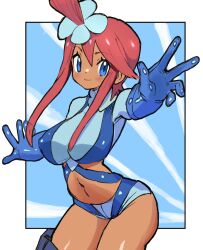 1girl 2024_pokemon_teraleak alternate_breast_size blue_gloves blue_shorts breasts creatures_(company) crop_top cropped_jacket curvy dakusuta game_freak gloves highres large_breasts midriff nintendo pokemon pokemon_bw pouch red_hair shiny_skin short_hair_with_long_locks shorts side_ponytail skyla_(pokemon) thigh_pouch wide_hips