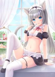 Rule 34 | 1girl, :q, animal ears, apron, artist name, black footwear, black skirt, blue eyes, breasts, cake, cat ears, cat girl, cat tail, commentary request, cup, curtains, day, detached collar, detached sleeves, food, fork, frilled apron, frilled hairband, frills, hairband, highres, holding, holding fork, indoors, knee up, long hair, looking at viewer, maid, maid headdress, mary janes, medium breasts, midriff, miniskirt, nail polish, navel, original, puffy short sleeves, puffy sleeves, shoes, short sleeves, signature, silver hair, sitting in window, skirt, smile, solo, stardrop, sweets, tail, tea, teacup, teapot, thigh strap, thighhighs, tongue, tongue out, underboob, white thighhighs, window, windowsill, wrist cuffs