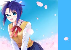 Rule 34 | 1girl, :d, akanasu, blue eyes, blue hair, blue skirt, blue sky, bow, bowtie, cherry blossoms, ciel (tsukihime), floating hair, glasses, leaning forward, long sleeves, looking at viewer, open mouth, outdoors, pleated skirt, red bow, red bowtie, shirt, short hair with long locks, sidelocks, skirt, sky, smile, solo, standing, sweater, sweater vest, tsukihime, white shirt, yellow sweater