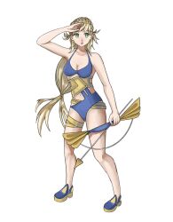 Rule 34 | blonde hair, bow (weapon), breasts, cleavage, fire emblem, fire emblem heroes, green eyes, highres, long hair, medium breasts, midriff, navel, nintendo, one-piece swimsuit, ponytail, sharena (fire emblem), solo, swimsuit, weapon