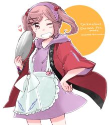 Rule 34 | 1girl, apron, commentary request, dress, frilled apron, frills, grin, hair bobbles, hair ornament, hairband, hairclip, happi, hooded dress, izumiyamisono, japanese clothes, kantai collection, official alternate costume, pink dress, pink eyes, pink hair, pink hairband, purple dress, sazanami (kancolle), short hair, smile, solo, sweater, sweater dress, tray, twintails, white apron, x hair ornament