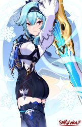 Rule 34 | 1girl, absurdres, arms up, artist name, ass, blue hair, blue neckwear, breasts, center opening, eula (genshin impact), genshin impact, hairband, highres, holding, holding sword, holding weapon, leotard, long sleeves, looking at viewer, sarukaiwolf, solo, sword, thighhighs, weapon