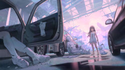 Rule 34 | 1girl, 2boys, absurdres, bare arms, bare shoulders, barefoot, boots, brown hair, bullet hole, car, commentary request, crack, ddal, dress, gloves, goggles, gun, helmet, highres, holding, holding stuffed toy, jacket, long hair, long sleeves, motor vehicle, multiple boys, original, pants, petrification, severed hand, shoe soles, sitting, sleeveless, sleeveless dress, standing, stuffed animal, stuffed rabbit, stuffed toy, torn clothes, torn dress, weapon, weapon request, white dress