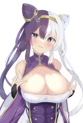 Rule 34 | 1girl, azur lane, bare shoulders, blush, breasts, cleavage, cleavage cutout, clothing cutout, cone hair bun, dress, hair between eyes, hair bun, highres, kisahipi, large breasts, licking lips, long hair, looking at viewer, multicolored hair, purple dress, purple eyes, purple hair, simple background, smile, solo, split-color hair, tongue, tongue out, twitter username, two-tone hair, upper body, white background, white hair, wide sleeves, ying swei (azur lane)