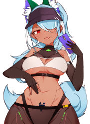 Rule 34 | absurdres, andou inari, belt, blue hair, breasts, cellphone, choumi wuti (xueye fanmang zhong), dark skin, elbow gloves, fox girl, fox tail, gimp suit, gloves, hat, highres, joints, mecha musume, multicolored hair, navel, nijisanji, one eye covered, out-of-frame censoring, phone, red eyes, robot ears, robot joints, see-through, selfie, streaked hair, sun hat, tail, underboob, virtual youtuber, virtuareal