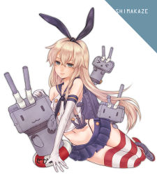 Rule 34 | &gt; &lt;, 10s, 1girl, :3, ?, anchor, blonde hair, character name, closed eyes, elbow gloves, gloves, grey eyes, hairband, kantai collection, ladybird8n, lifebuoy, long hair, looking at viewer, navel, personification, rensouhou-chan, shimakaze (kancolle), simple background, skirt, smile, striped clothes, striped thighhighs, swim ring, thighhighs, white background, white gloves