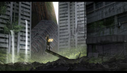 Rule 34 | 1boy, asteroid ill, bad id, bad pixiv id, black footwear, black pants, black shirt, blindfold, boots, building, city, highres, holographic interface, letterboxed, male focus, nier:automata, nier (series), pants, post-apocalypse, ruins, scenery, shirt, solo, standing, water, weapon, weapon on back, white hair, wide shot, 9s (nier:automata)