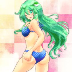 Rule 34 | 1girl, ass, bellk, bikini, breasts, female focus, frog, frog hair ornament, from behind, green eyes, green hair, hair ornament, kochiya sanae, long hair, looking back, matching hair/eyes, solo, swimsuit, touhou, wink